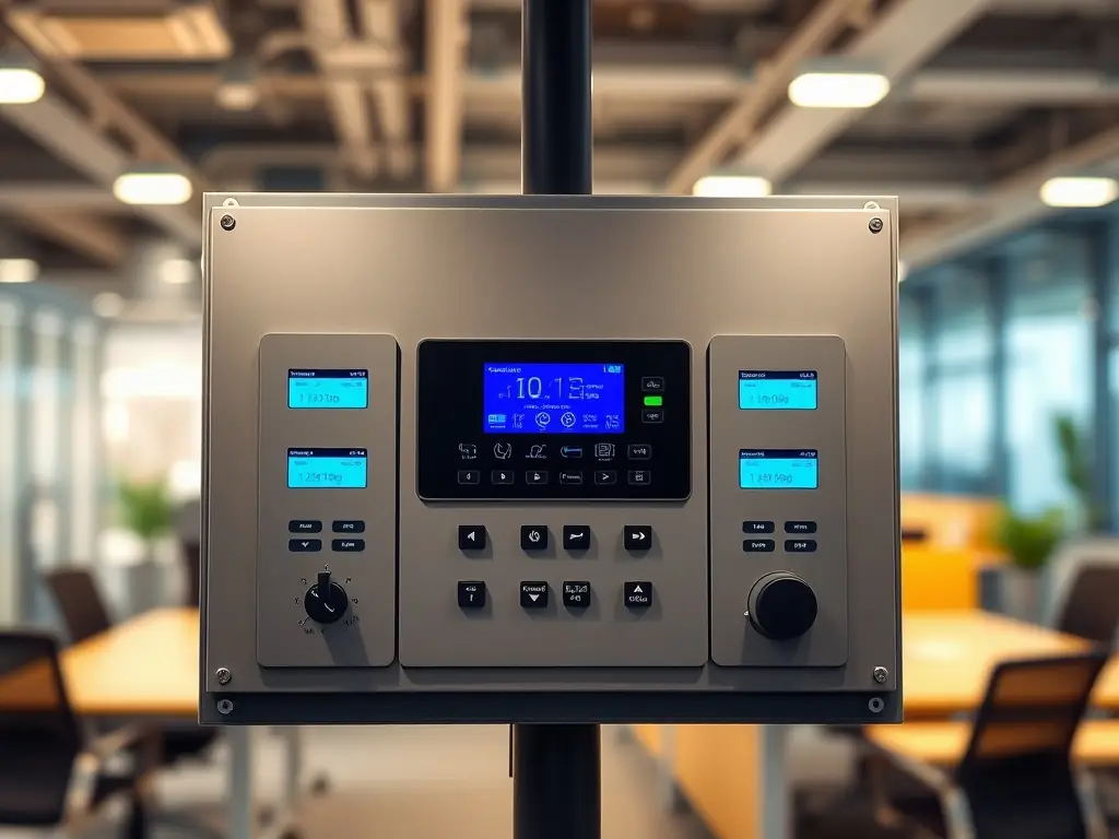 Painel de controle industrial moderno com indicadores digitais e comandos de operação em ambiente técnico.