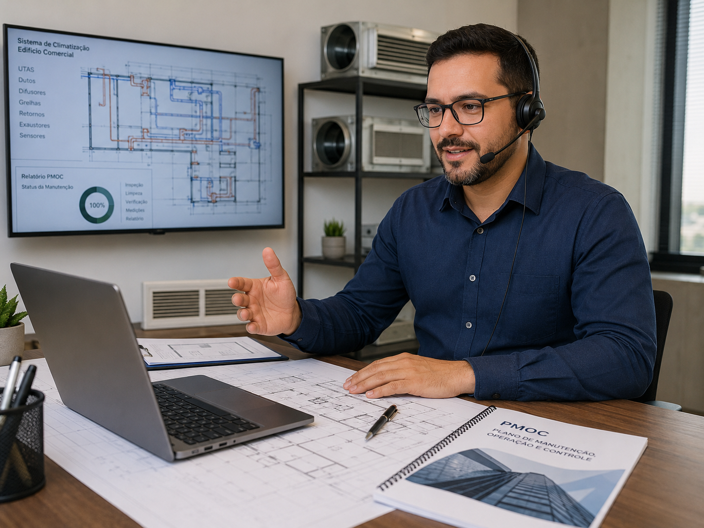 Engenheiro em ambiente de escritório analisando projeto de climatização HVAC e PMOC.