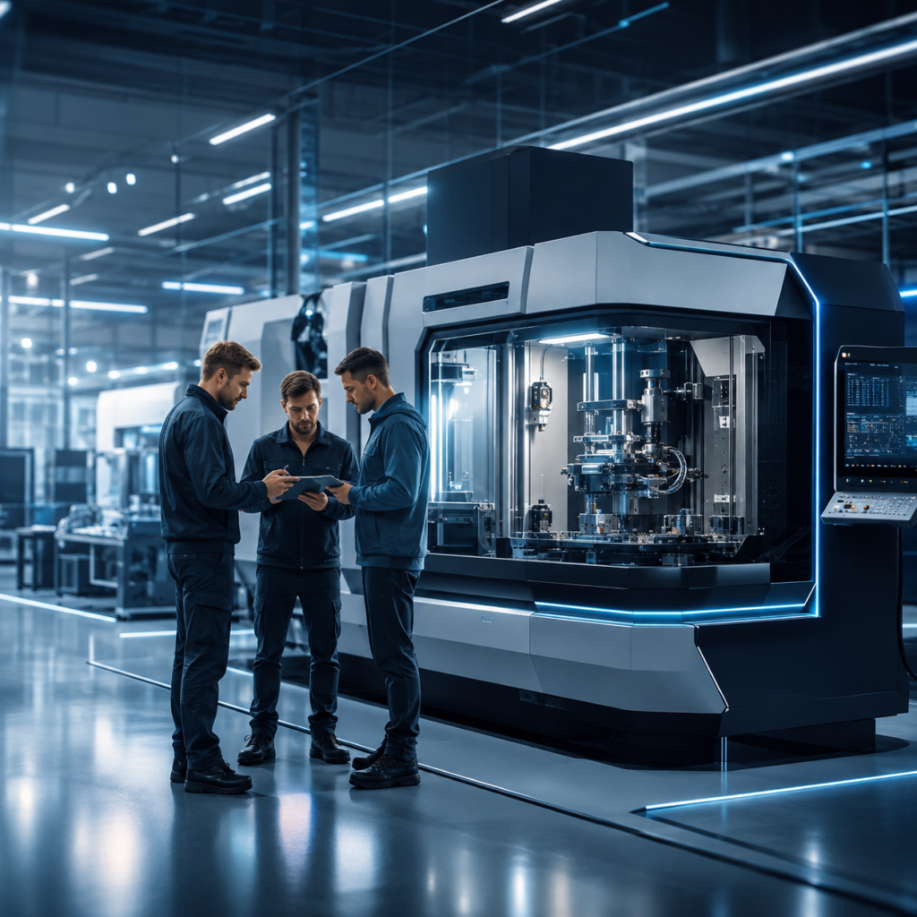 Engenheiros analisando máquina industrial automatizada em ambiente de fábrica